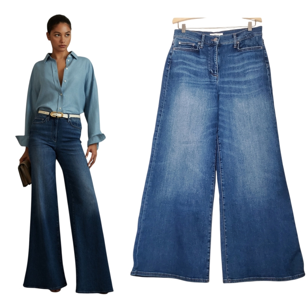Reiss AMERIA High Rise Wide Leg Palazzo Jeans Petite 30" Waist STRETCH Boho Soft